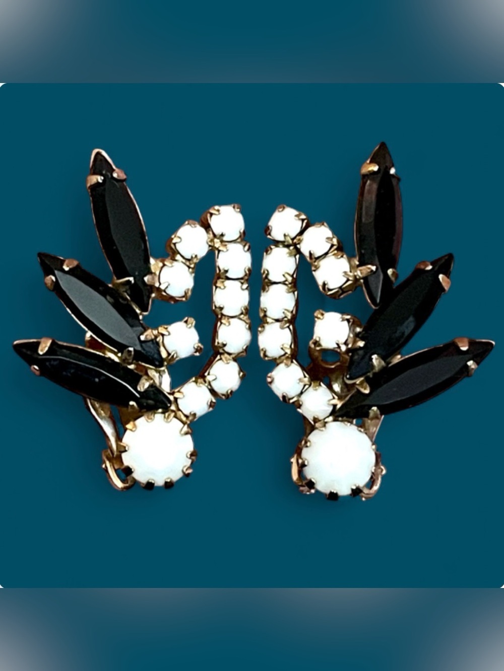 Vintage MCM Black & White Rhinestone Clip On Earrings Mod Atomic Art Deco Noir
